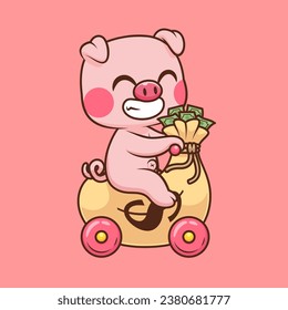 Cute Pig Riding Money Bag Motorcyle Toy Cartoon Vektorsymbol Illustration. Tiertransportsymbol Konzept isolierter Premium-Vektorgrafik. Flachbildkartonstil