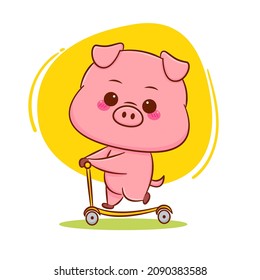 Cute pig riding scooter cartoon character isolated hand drawn style
