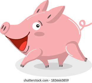 Cute pig is running. Funny cartoon character, farm animal in flat style, vector image isolated on white background