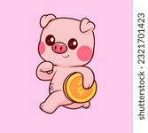 Cute Pig Running With Gold Coin Cartoon Vector Icon Illustration. Animal Finance Icon Concept Isolated Premium Vector. Flat Cartoon Style