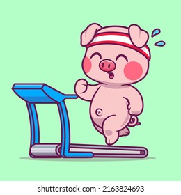 Cute Pig Running On Treadmill Cartoon Vector Icon Illustration. Animal Sport Icon Concept Isolated Premium Vector. Flat Cartoon Style