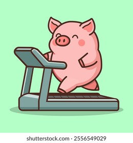 cute pig running on a treadmill sport cartoon character flat color vector illustration template design