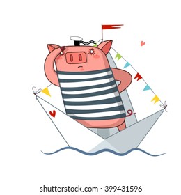 cute pig sailor. vector illustration and drawing