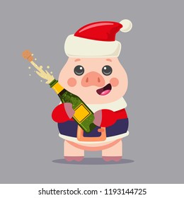 Cute Pig in Santa Claus costume with champagne bottle explosion. Vector Christmas cartoon character isolated on background. Symbol of the 2019 Chinese New Year.