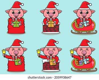 Cute Pig Santa Claus vector illustration. Vector illustration isolated on light blue background. Good for icon, label, sticker, clipart.