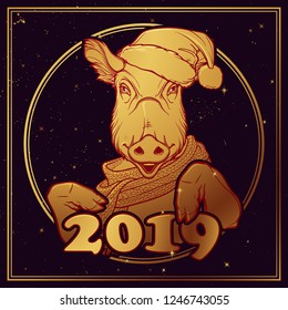 Cute pig in a Santa hat and scarf. Mascot of the New Year 2019 according to Chinese zodiac calendar. Linear drawing isolated on black starry night textured background. EPS10 vector illustration