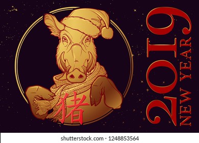 Cute pig in a Santa hat and scarf. Mascot of the New Year 2019 according to Chinese zodiac calendar. Linear drawing isolated on black starry night textured background. EPS10 vector illustration