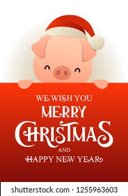 Cute pig in Santa hat stands behind red signboard advertisement banner with text Merry Christmas and Happy New Year vector