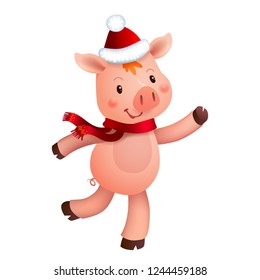 Cute pig and Santa hat. Symbol of the year in the Chinese calendar. Vector cartoon isolated illustration. Year of yellow pig.