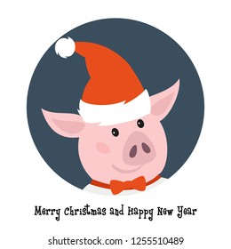 Cute pig in santa hat. Symbol of Chinese New Year 2019. Vector illustration.