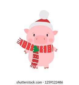 Cute pig in santa hat. Symbol of Chinese New Year 2019. Vector illustration.