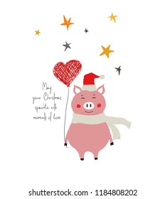 Cute pig in Santa's hat and scarf holding a heart balloon. Christmas and New Year greeting card with phrase: may your Christmas sparkle with moments of love.