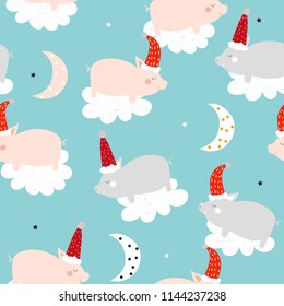 Cute pig with Santa's  hat seamless pattern. Vector hand drawn illustration.