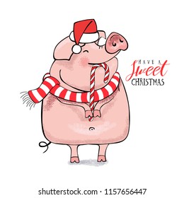 Cute Pig in a Santa's red cap, in a striped scarf and with a lollipop. Have a sweet Christmas - lettering quote. Christmas card, poster, t-shirt composition, hand drawn style print illustration.