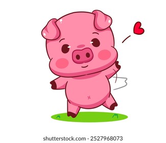 Lindo cerdo decir hola Ilustración vectorial de dibujos animados. Kawaii Adorable Diseño de Concepto Animal. Fondo blanco aislado.