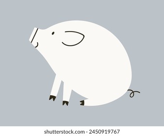 Cute pig in Scandinavian style. Adorable black and white piglet. Childish drawing, baby piggy. Funny doodle hog, farm swine animal, livestock. Kids amusing flat graphic vector illustration