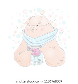 Cute pig in scarf with cap of coffee. Vector illustration for greeting card, poster, or print on clothes. Christmas and Chinese New Year.