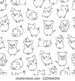 Cute pig seamless pattern. 2019 year sign. Hand drawn vector illustration. 