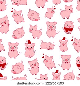 Cute pig seamless pattern. 2019 year sign. Hand drawn vector illustration. 