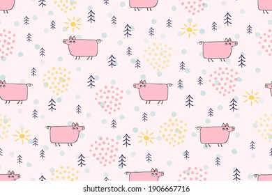 Cute pig seamless pattern. Hand drawn pig cartoon character childrens illustration. Cute pink animals pigs, pets in forest scandinavian vector pattern for kids, baby, textile, fabric, packaging