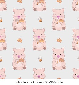 cute pig seamless pattern on grey background, vector illustration