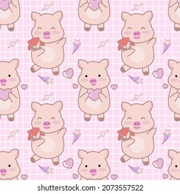 cute pig seamless pattern on pink background, vector illustration