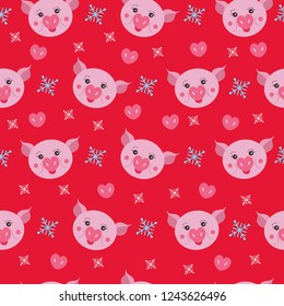Cute pig seamless pattern. Symbol of the year in the Chinese calendar. Vector illustration for wallpaper. New year and christmas postcard.