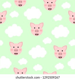 Cute pig seamless pattern with white clouds on green background