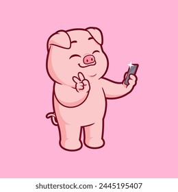 Cute pig selfie with smartphone cartoon vector icon illustration. Flat style animal cartoon logo mascot