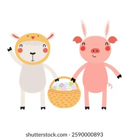 Cute pig, sheep, holding basket of Easter eggs in basket character illustration. Hand drawn flat style design, isolated vector. Holiday clip art, kids print element, seasonal card, banner, poster