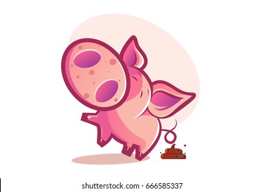 Cute Pig shitting. Vector Illustration. isolated on white background.