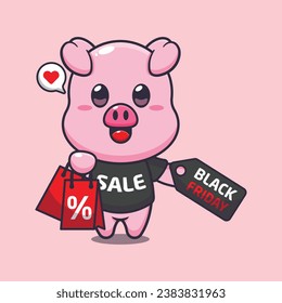 süßes Schwein mit Einkaufstasche und schwarzem Friday-Verkauf Discount Cartoon Vektorgrafik