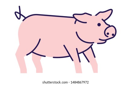 Cute pig side view flat vector illustration. Livestock farming, domestic animal husbandry design element with outline. Pork meat production logo. Cartoon piglet, hog isolated on white background