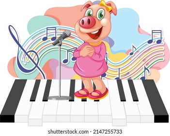 Cute pig sing a song with music notes on piano illustration