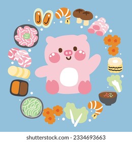 Cute pig sit in circle icon tiny frame cartoon hand drawn.Shabu food frame.Logo.Pastel color.Bacon,carrot,mushroom,sauce,corn,shrimp.Farm animal.Kawaii.Vector.Illustration.