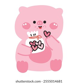 Cute pig sit and eating heart strawberry cookies.Bakery.Sweet and dessert.Farm animal character cartoon design.Image for card,sticker,baby clothing.Kawaii.Vector.Illustration. 