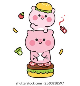 Cute pig sit on hamburger with ingredient.Fastfood.Tomato,french fries,ketchup,vegetable.Farm animal character cartoon design.Image for card,sticker,baby clothing.Kawaii.Vector.Illustration.