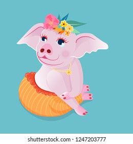Cute pig sit squat on the floor in a polite attitude,wearing necklace and decorate flower on head, on blue background.