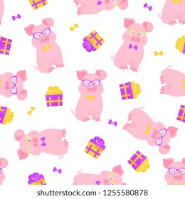 Cute pig sits in glasses and a bow tie. Funny piggy. Gift box tied with a ribbon with a bow. Seamless pattern.