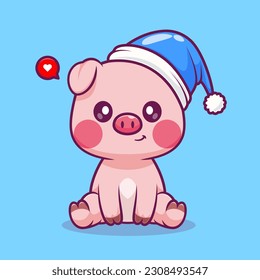 Cute Pig Sitting mit Beanie Hat Cartoon Vektorsymbol Illustration. Animal Holiday Icon Konzept isolierter Premium Vektor. Flachbildkartonstil