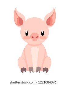 Cute pig sitting. Cartoon character design. Flat little piggy. Vector illustration isolated on white background.