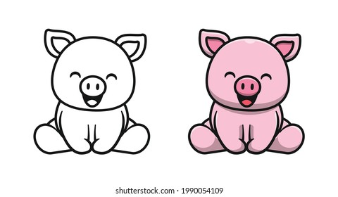 Cute pig is sitting cartoon coloring pages for kids