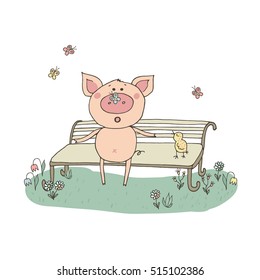Cute pig sitting on a bench. Piggy with a butterfly on his nose. The bird sings their song. Funny vector illustration in cartoon style.