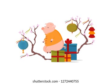 Cute pig sitting on box with gifts. Chinese New Year concept. Blooming tree with festive chinese lanterns and ribbons.