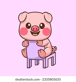 Cute Pig Sitting on Chair Cartoon Vector Icon Illustration. Animal Nature Icon Concept Isolated Premium Vector. Flat Cartoon Style