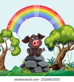 Cute pig sitting on rocks with rainbow background