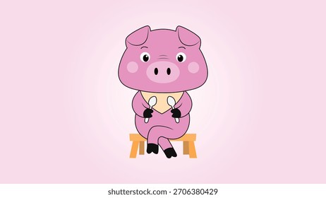 Cute pig sitting on a table and ready for cooking food