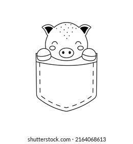 Cute pig sitting in pocket. Animal face in Scandinavian style for kids t-shirts, wear, nursery decoration, greeting cards, invitations, poster, house interior. Vector stock illustration