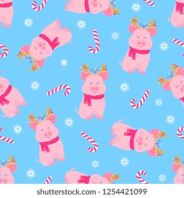 Cute pig sitting in a scarf and with deer horns with a garland. Funny piggy. Christmas candy seamless pattern for New Year.
