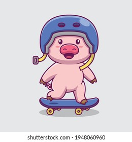 Cute pig skateboarding cartoon illustration The Concept of Isolated Technology. Flat Cartoon Style Suitable for Landing Web Pages, Banners, Flyers, Stickers, Cards